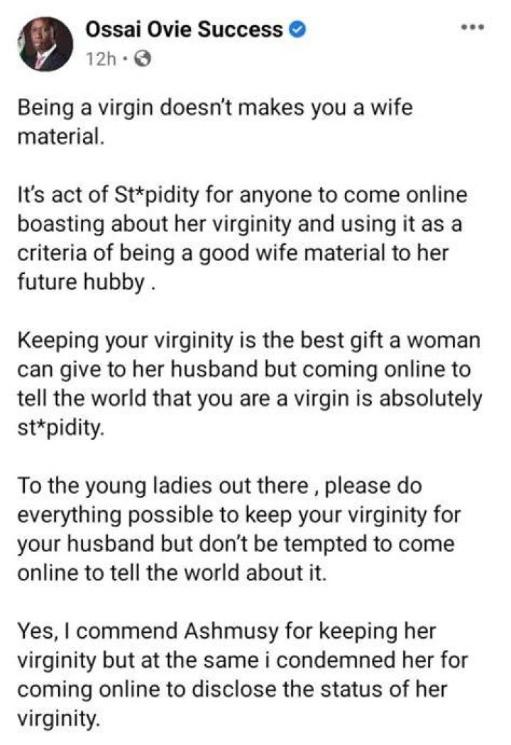 
Being A Virgin Doesn’t Make You A Wife Material- Ossai Ovie Slams Ashmusy Over Virginity Claims 
