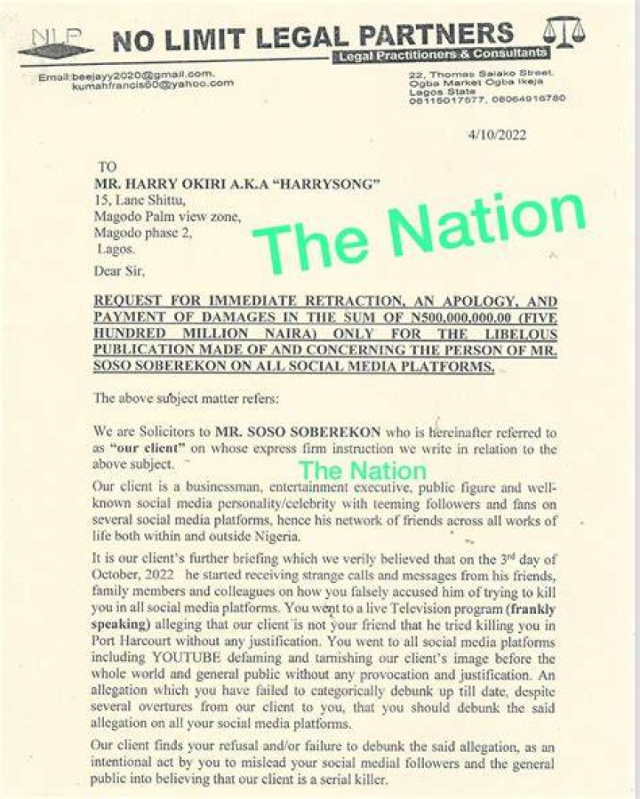 
Soso Soberekon Sues Harrysong For Allegedly Defamatory Remarks, Seeking N500 Million For Damages. 